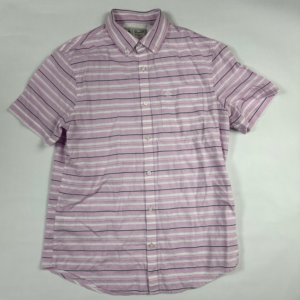Original Penguin Mens M Pink Striped Short Sleeve Button Down Shirt